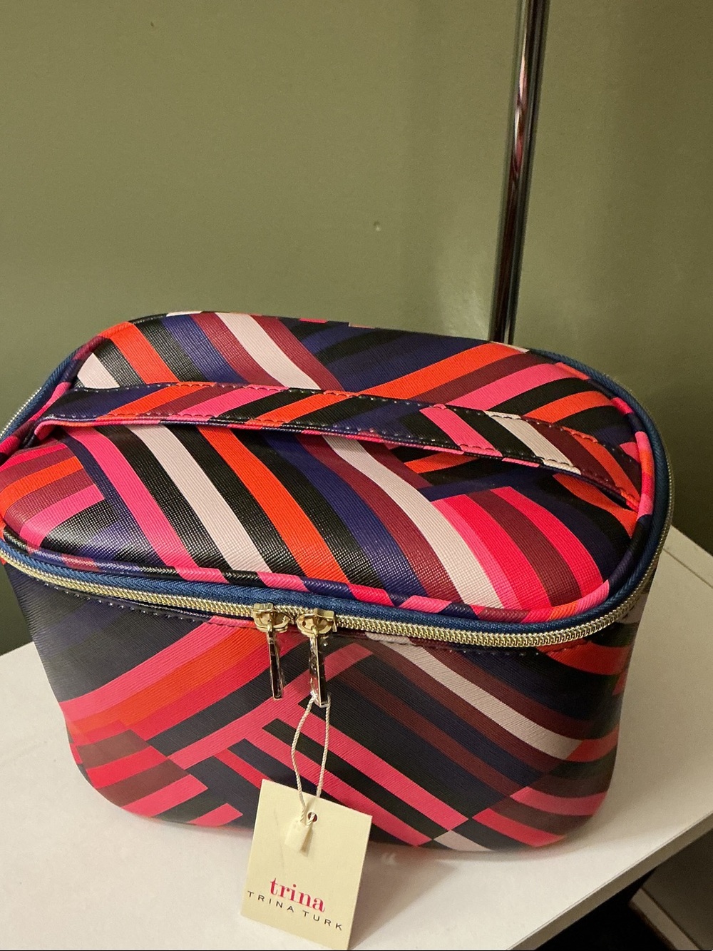 Trina Turk NWT Multicolor Striped Cosmetic Case Bag Pink Navy Coral Black White - Picture 2 of 9
